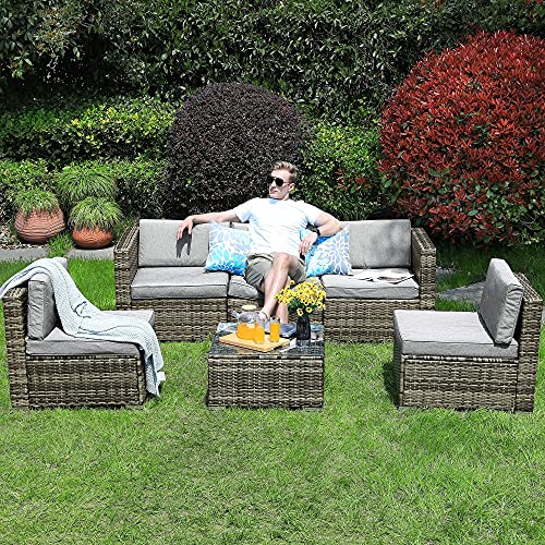 YITAHOME 6 Piece Outdoor Patio Furniture Sets, Garden Conversation Wicker Sofa Set, and Patio Sectional Furniture Sofa Set with Coffee Table and Cushion for Lawn, Backyard, and Poolside, Gray Gradient