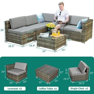 YITAHOME 6 Piece Outdoor Patio Furniture Sets, Garden Conversation Wicker Sofa Set, and Patio Sectional Furniture Sofa Set with Coffee Table and Cushion for Lawn, Backyard, and Poolside, Gray Gradient