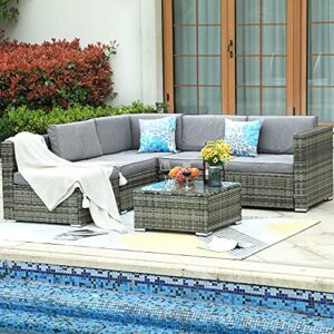 YITAHOME 6 Piece Outdoor Patio Furniture Sets, Garden Conversation Wicker Sofa Set, and Patio Sectional Furniture Sofa Set with Coffee Table and Cushion for Lawn, Backyard, and Poolside, Gray Gradient