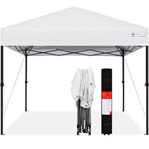 best choice products 10x10ft 1-person setup pop up canopy tent instant portable shelter w/ 1-button push, straight legs, wheeled carry case, stakes – white