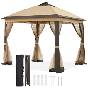 yaheetech 11’x11′ pop up gazebo instant tent with solar led lights & zippered mesh netting, outdoor shelter sun shade gazebo for backyard garden patio, khaki & brown