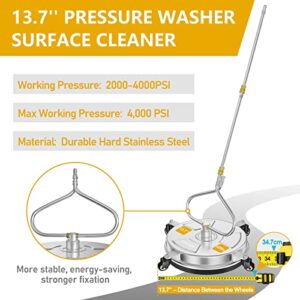 EVEAGE 13.7" "Viper Surround Pressure Washer Surface Cleaner with 4 Wheels Stainless Steel Washer Surface Cleaner & Unique Bending Rod Design 2 Nozzels for Cleaning Driveway, Sidewalk, Max 4000PSI