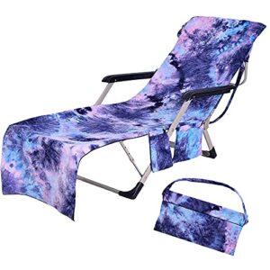 beach chair cover with side pockets pool towel chaise lounge cover microfiber tie dye beach towel for holidays, sunbathing (purple)