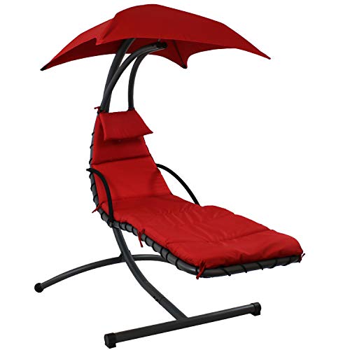 Sunnydaze Floating Chaise Lounger - Outdoor Hanging Patio Swing Chair with Canopy and Arc Stand - 260-Pound Capacity - Red - 79 Inches Long