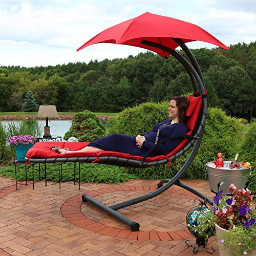 Sunnydaze Floating Chaise Lounger - Outdoor Hanging Patio Swing Chair with Canopy and Arc Stand - 260-Pound Capacity - Red - 79 Inches Long