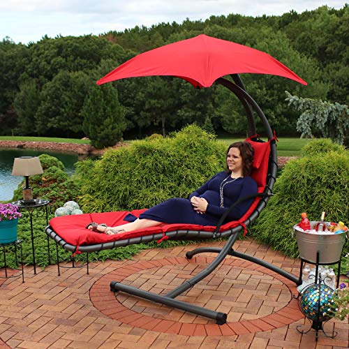 Sunnydaze Floating Chaise Lounger - Outdoor Hanging Patio Swing Chair with Canopy and Arc Stand - 260-Pound Capacity - Red - 79 Inches Long