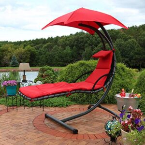 Sunnydaze Floating Chaise Lounger - Outdoor Hanging Patio Swing Chair with Canopy and Arc Stand - 260-Pound Capacity - Red - 79 Inches Long