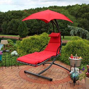 Sunnydaze Floating Chaise Lounger - Outdoor Hanging Patio Swing Chair with Canopy and Arc Stand - 260-Pound Capacity - Red - 79 Inches Long