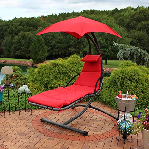 Sunnydaze Floating Chaise Lounger - Outdoor Hanging Patio Swing Chair with Canopy and Arc Stand - 260-Pound Capacity - Red - 79 Inches Long