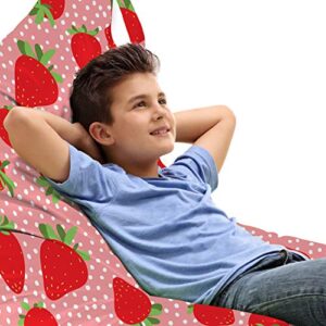 lunarable fruit lounger chair bag, cartoon illustrated fresh organic strawberry motifs on polka dotted backdrop, high capacity storage with handle container, lounger size, coral and scarlet