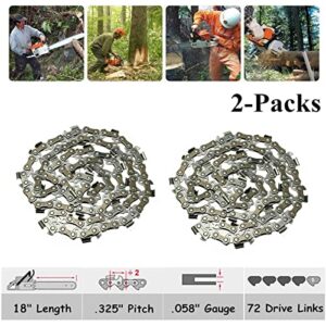 AILEETE 2-Packs 18 inch Chainsaw Chain (.325" Pitch - .058" Gauge - 72 Drive Links) for Husqvarna Dolmar Jonsered McCulloch Homelite Poulan Chainsaws, Fits Husqvarna 50 51 55 435 440 445 450 460