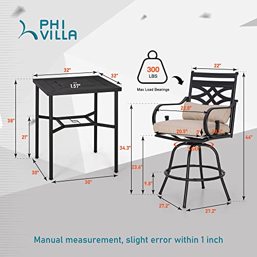 PHI VILLA Outdoor Bar Table and Chairs Set for 2, Metal Tall Outdoor Bar Set with Bar Height Table, Strong and Heavy Duty Patio Bar Set with Cushion and Pillow, 32"x32"x38" Bar Height Table