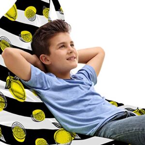 lunarable yellow striped lounger chair bag, lemon fruits slices repeated drawing on horizontal lines backdrop, high capacity storage with handle container, lounger size, white charcoal grey
