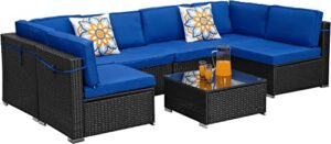 sunvivi outdoor 7 piece patio furniture set, all-weather black wicker couch sofa with glass coffee table, washable navy blue cushions