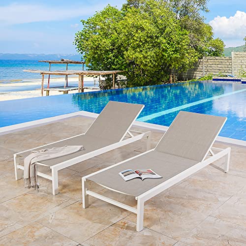 Iwicker 2 PCS Patio Aluminum Chaise Lounges Outdoor Weather-Resistant Textilene Quick Dry Foam Padded Lounge Chairs with Adjustable Backrest and Wheels, Beige