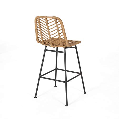 Great Deal Furniture Angela Outdoor Wicker Barstools (Set of 4), Light Brown and Black