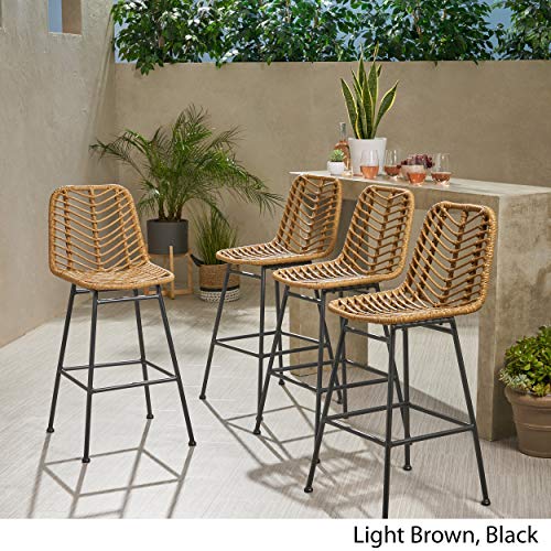 Great Deal Furniture Angela Outdoor Wicker Barstools (Set of 4), Light Brown and Black