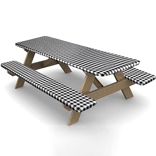 Ruisita 3 Pieces 72 Inches Vinyl Picnic Table and Bench Fitted Tablecloth Cover Picnic Table and Bench Fitted Tablecloth for Picnics Indoor and Outdoor Dining, Black and White