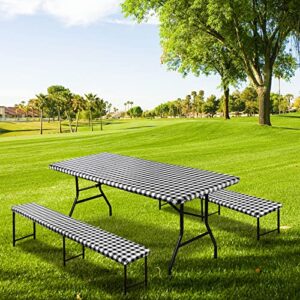 Ruisita 3 Pieces 72 Inches Vinyl Picnic Table and Bench Fitted Tablecloth Cover Picnic Table and Bench Fitted Tablecloth for Picnics Indoor and Outdoor Dining, Black and White