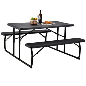 haddockway folding picnic table with bench for outdoors wood-like plastic table top and metal frame portable camping picnic table kit for backyard poolside garden patio lawn dining party
