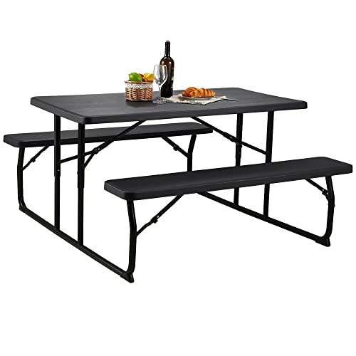 Haddockway Folding Picnic Table with Bench for Outdoors Wood-Like Plastic Table Top and Metal Frame Portable Camping Picnic Table Kit for Backyard Poolside Garden Patio Lawn Dining Party