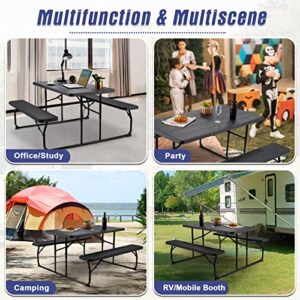 Haddockway Folding Picnic Table with Bench for Outdoors Wood-Like Plastic Table Top and Metal Frame Portable Camping Picnic Table Kit for Backyard Poolside Garden Patio Lawn Dining Party