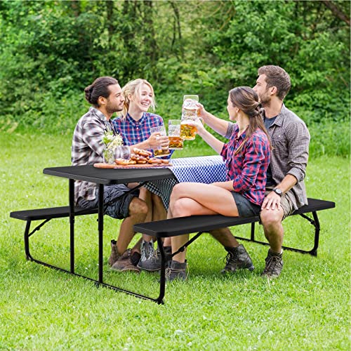 Haddockway Folding Picnic Table with Bench for Outdoors Wood-Like Plastic Table Top and Metal Frame Portable Camping Picnic Table Kit for Backyard Poolside Garden Patio Lawn Dining Party