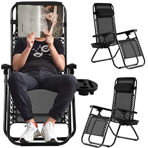 Zero Gravity Recliner Chair, Adjustable Anti Gravity Locking Chaise Recliner Support 250lbs, Heavy Duty Folding Zero Gravity Chair w/ Mesh Back, Wider Armrest, Headrest & Cup Holder -Set of 2 (Black)