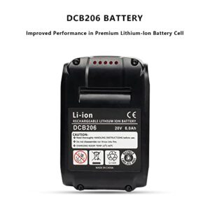 DEWQKI 2 Pack (DCB206) 6.0Ah 20V Battery, Replace for Dewalt 20V Max Battery DCB206-2 DCB204 DCB203 DCB201, Compatible with Dewalt DCD/DCF/DCG Series Cordless Power Tools