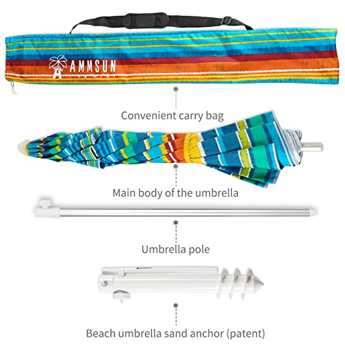 AMMSUN Beach Umbrellas for Sand Heavy Duty Wind Portable,6.5ft Outdoor Umbrella with Sand Anchor and UV 50+ Protection, Includes Carry Bag for Beach, Patio, and Garden, Yellow Stripes