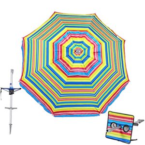 7 ft fiberglass beach umbrella for sand with integrated anchor, integrated folding table, telescopic aluminum pole, upf 50+, tilt