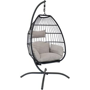 sunnydaze oliver black resin wicker hanging egg chair swing with gray cushions and steel stand set – outdoor boho single lounge seat for yard or patio – collapsible nylon rope back design