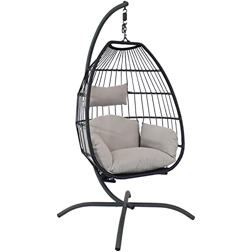 Sunnydaze Oliver Black Resin Wicker Hanging Egg Chair Swing with Gray Cushions and Steel Stand Set - Outdoor Boho Single Lounge Seat for Yard or Patio - Collapsible Nylon Rope Back Design