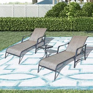 LOKATSE HOME 3 Pieces Outdoor Chaise Lounge Set Patio Pool Chairs Adjustable Back Steel Teslin with Coffee Table, Grey