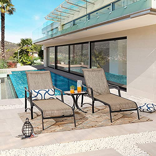 LOKATSE HOME 3 Pieces Outdoor Chaise Lounge Set Patio Pool Chairs Adjustable Back Steel Teslin with Coffee Table, Grey