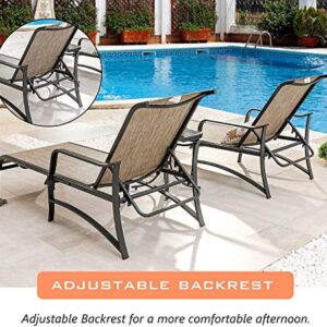 LOKATSE HOME 3 Pieces Outdoor Chaise Lounge Set Patio Pool Chairs Adjustable Back Steel Teslin with Coffee Table, Grey