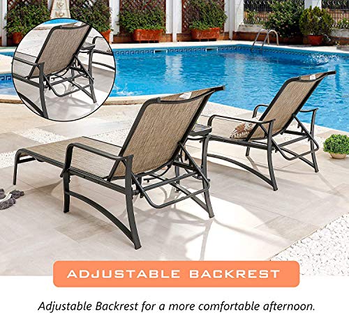 LOKATSE HOME 3 Pieces Outdoor Chaise Lounge Set Patio Pool Chairs Adjustable Back Steel Teslin with Coffee Table, Grey