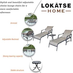 LOKATSE HOME 3 Pieces Outdoor Chaise Lounge Set Patio Pool Chairs Adjustable Back Steel Teslin with Coffee Table, Grey