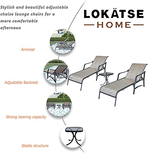 LOKATSE HOME 3 Pieces Outdoor Chaise Lounge Set Patio Pool Chairs Adjustable Back Steel Teslin with Coffee Table, Grey