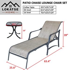 LOKATSE HOME 3 Pieces Outdoor Chaise Lounge Set Patio Pool Chairs Adjustable Back Steel Teslin with Coffee Table, Grey