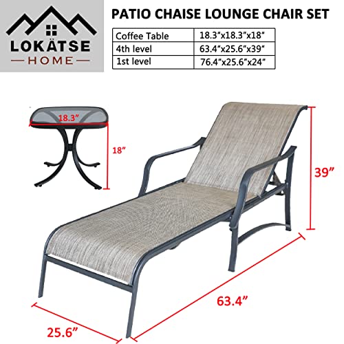 LOKATSE HOME 3 Pieces Outdoor Chaise Lounge Set Patio Pool Chairs Adjustable Back Steel Teslin with Coffee Table, Grey