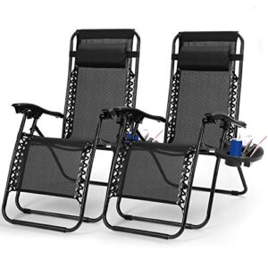 zero gravity chair adjustable patio lounge chairs teqhome set of 2 with pillow beach pool outdoor folding reclining chair with cup holder-black