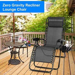 Zero Gravity Chair Adjustable Patio Lounge Chairs TeqHome Set of 2 with Pillow Beach Pool Outdoor Folding Reclining Chair with Cup Holder-Black