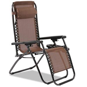 zero gravity chair, outdoor folding adjustable lounge chair chaise 250lbs weight capacity recliner with cup holder and pillows for patio, pool, beach, lawn, deck, yard – brown