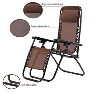 Zero Gravity Chair, Outdoor Folding Adjustable Lounge Chair Chaise 250Lbs Weight Capacity Recliner with Cup Holder and Pillows for Patio, Pool, Beach, Lawn, Deck, Yard - Brown