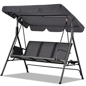 outdoor patio canopy swing,porch swing chair with stand,textilene fabric,3 person all weather resistant swing bench for garden,backyard,balcony,poolside (deep grey)