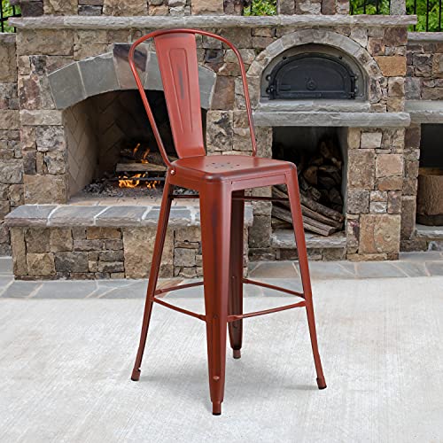 EMMA + OLIVER Commercial Grade 30" H Distressed Red Metal Indoor-Outdoor Barstool w/ Back