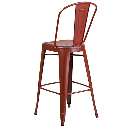 EMMA + OLIVER Commercial Grade 30" H Distressed Red Metal Indoor-Outdoor Barstool w/ Back