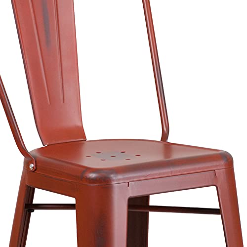 EMMA + OLIVER Commercial Grade 30" H Distressed Red Metal Indoor-Outdoor Barstool w/ Back