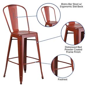 EMMA + OLIVER Commercial Grade 30" H Distressed Red Metal Indoor-Outdoor Barstool w/ Back